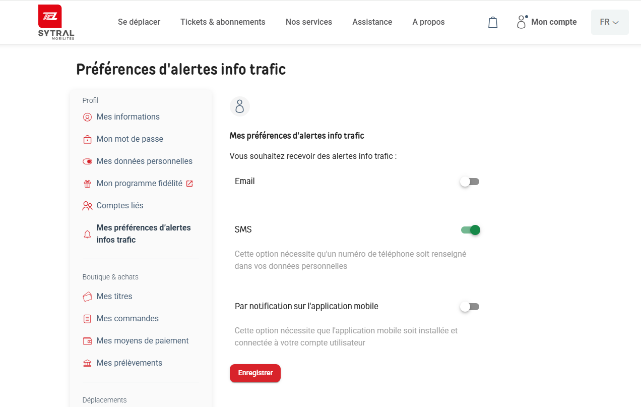 Capture écran préférences d'alertes